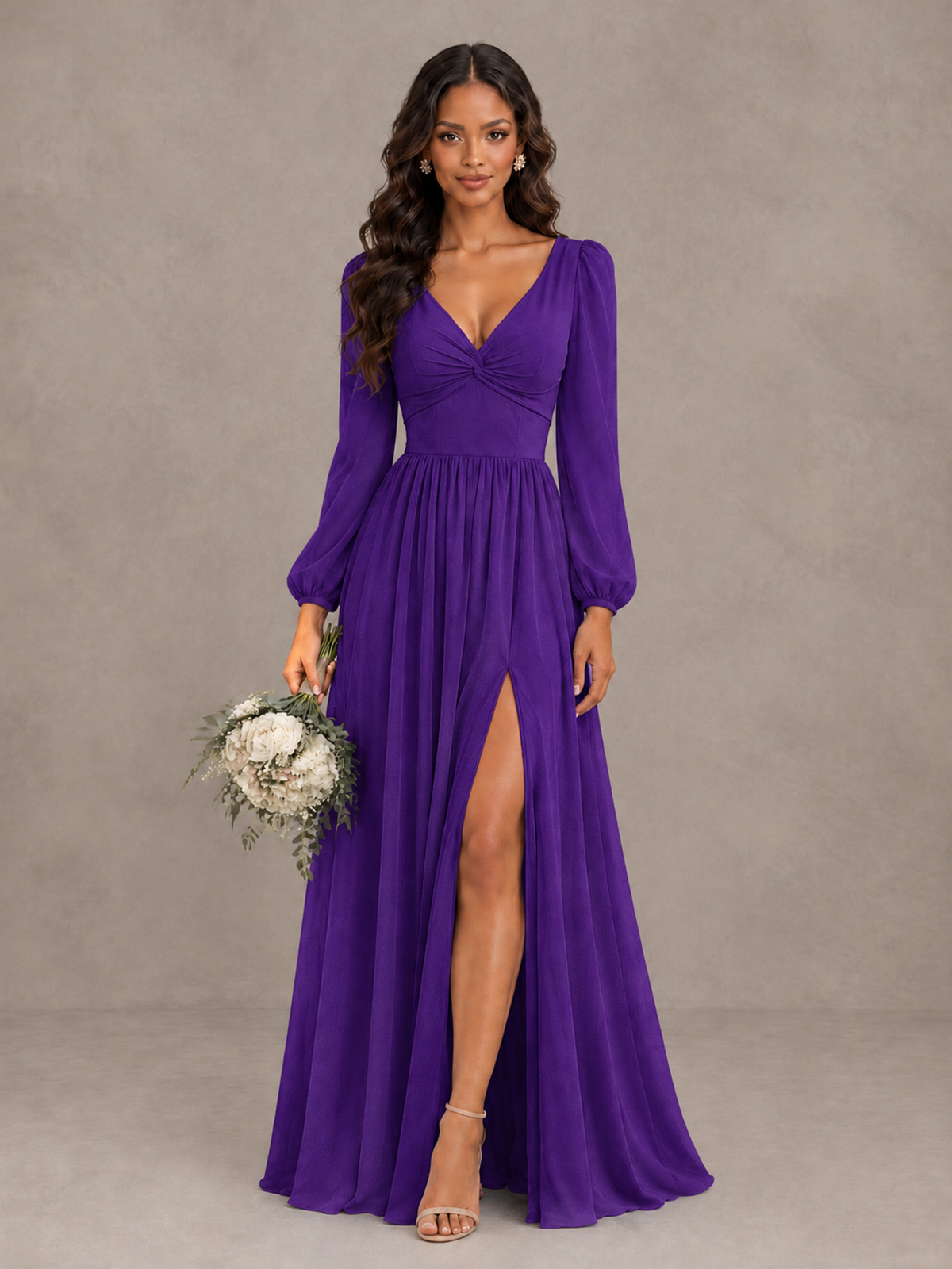 BOLODOO Purple V-Neck Long Sleeve Bridesmaid Dress with Tie Back and Slit - Purple - Purple_1
