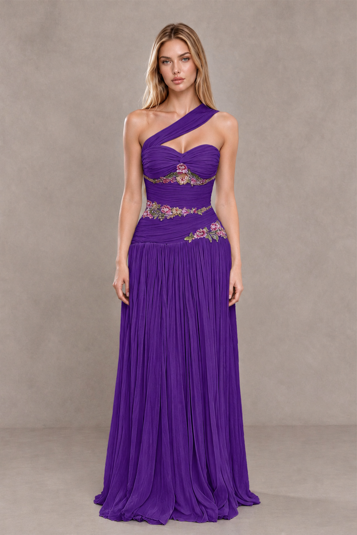 BOLODOO Purple One-Shoulder Floral Applique A-Line Evening Dress - Purple - Purple_1