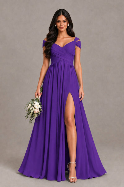 BOLODOO Purple Cold Shoulder Chiffon Evening Dress with V Neck and High Slit - Purple - Purple_1