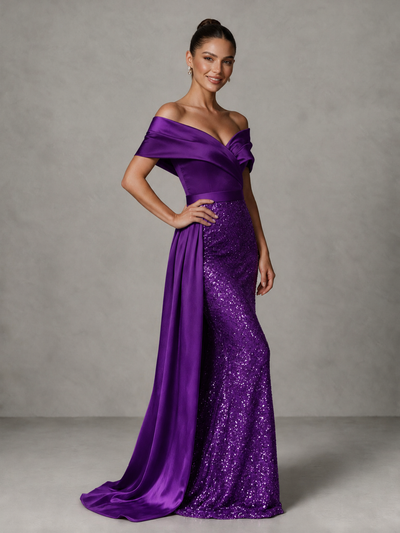 BOLODOO Purple Sequin Mermaid Evening Dress with Off-Shoulder Satin Drape and Sweep Train - Purple - Purple_1