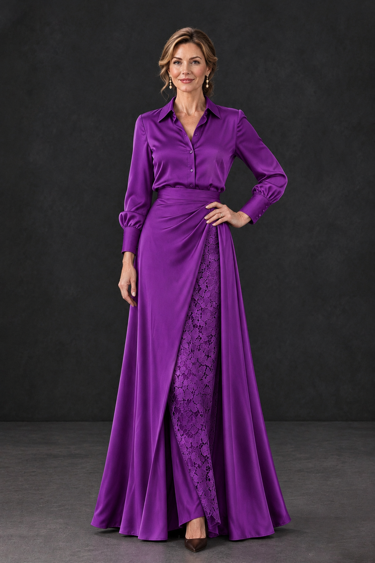 BOLODOO Purple Long Sleeve Satin-Look Lace Panel Gown - Purple - Purple_1