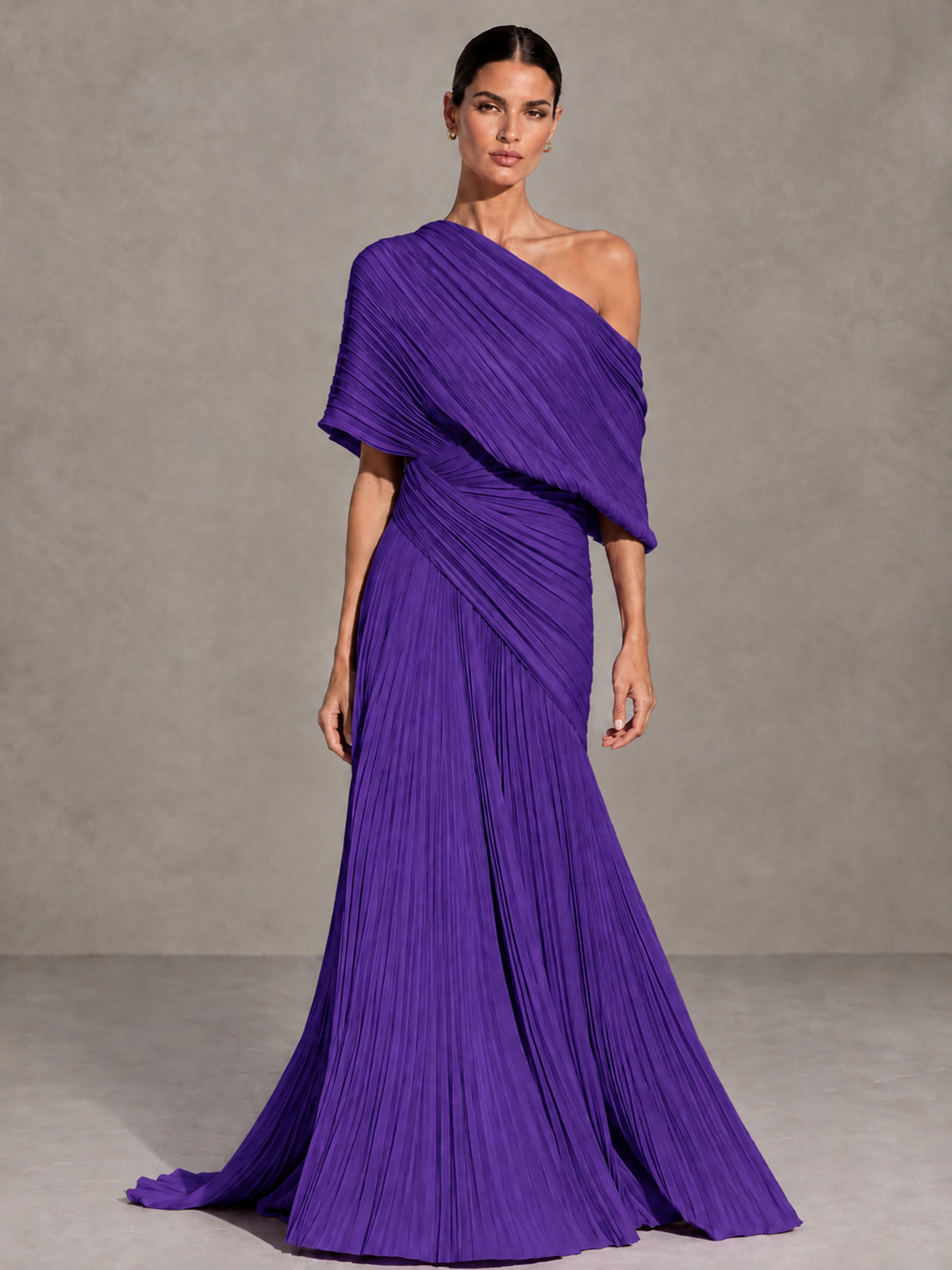 BOLODOO Purple One-Shoulder Pleated Cape Evening Gown with Train - Purple - Purple(1)