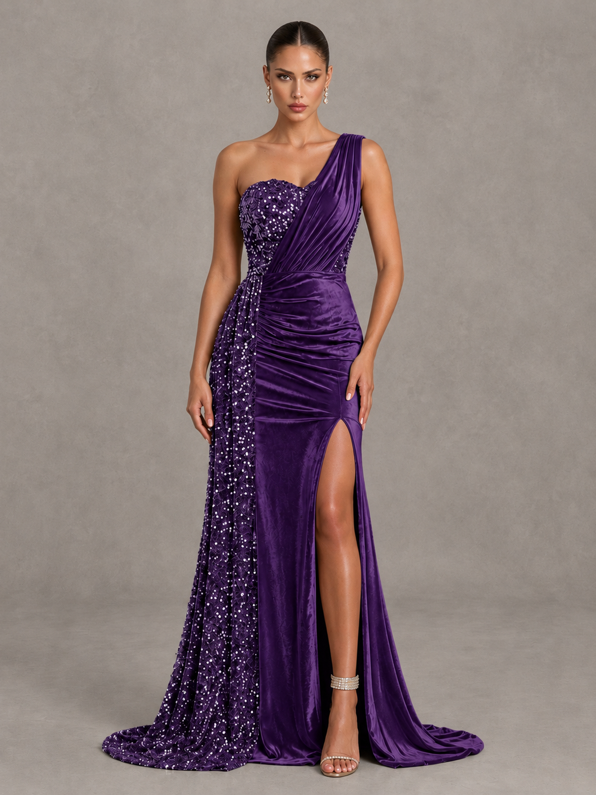 BOLODOO Purple One-Shoulder Satin Sequin Gown with High Slit - Purple - Purple_1