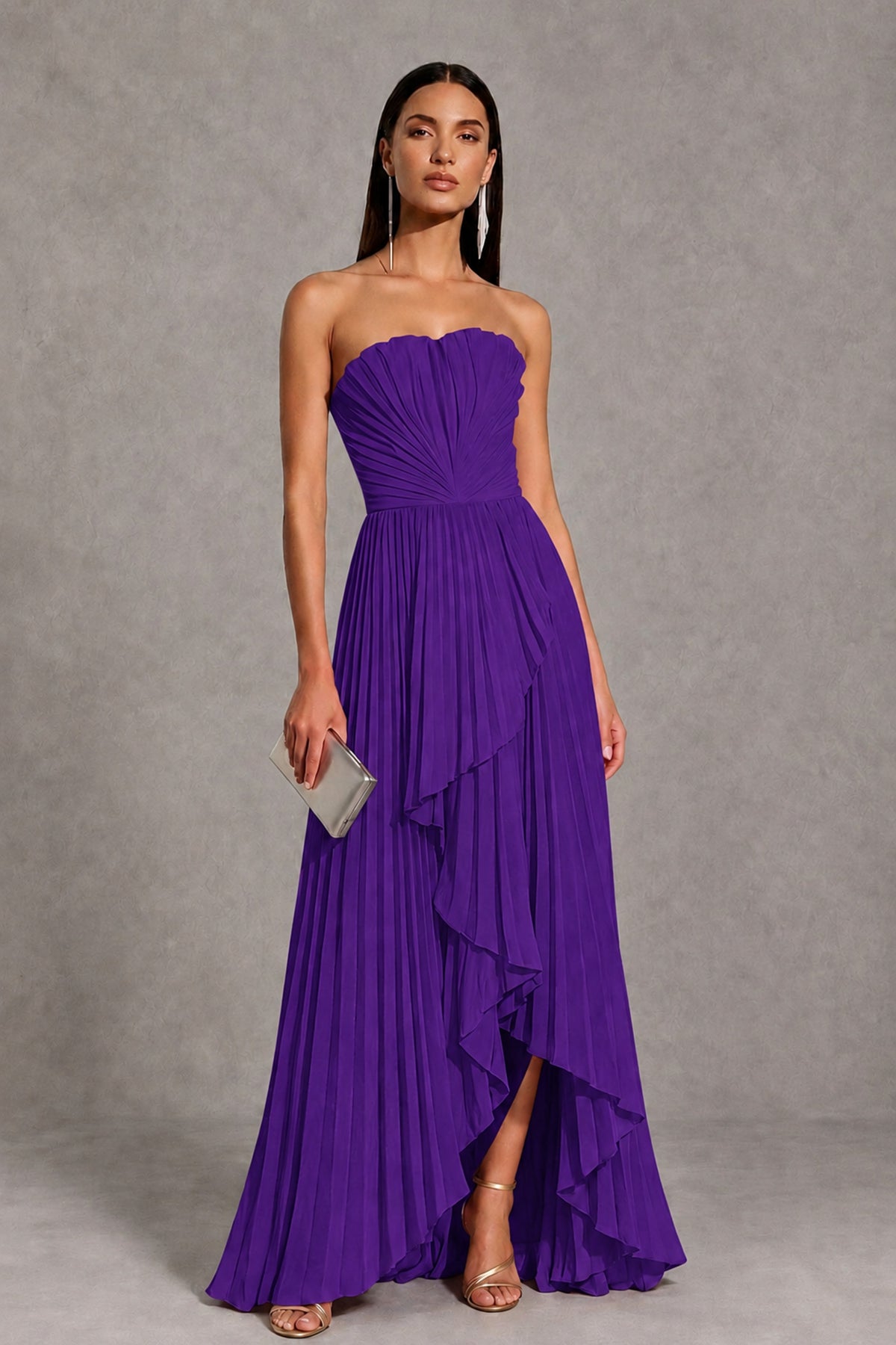 Purple Strapless Pleated High-Low Evening Gown with Ruffle Hem - Purple - Purple_1