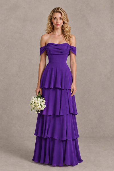 BOLODOO Purple Off-the-Shoulder Tiered A-Line Evening Bridesmaid Dress - Purple - Purple_1