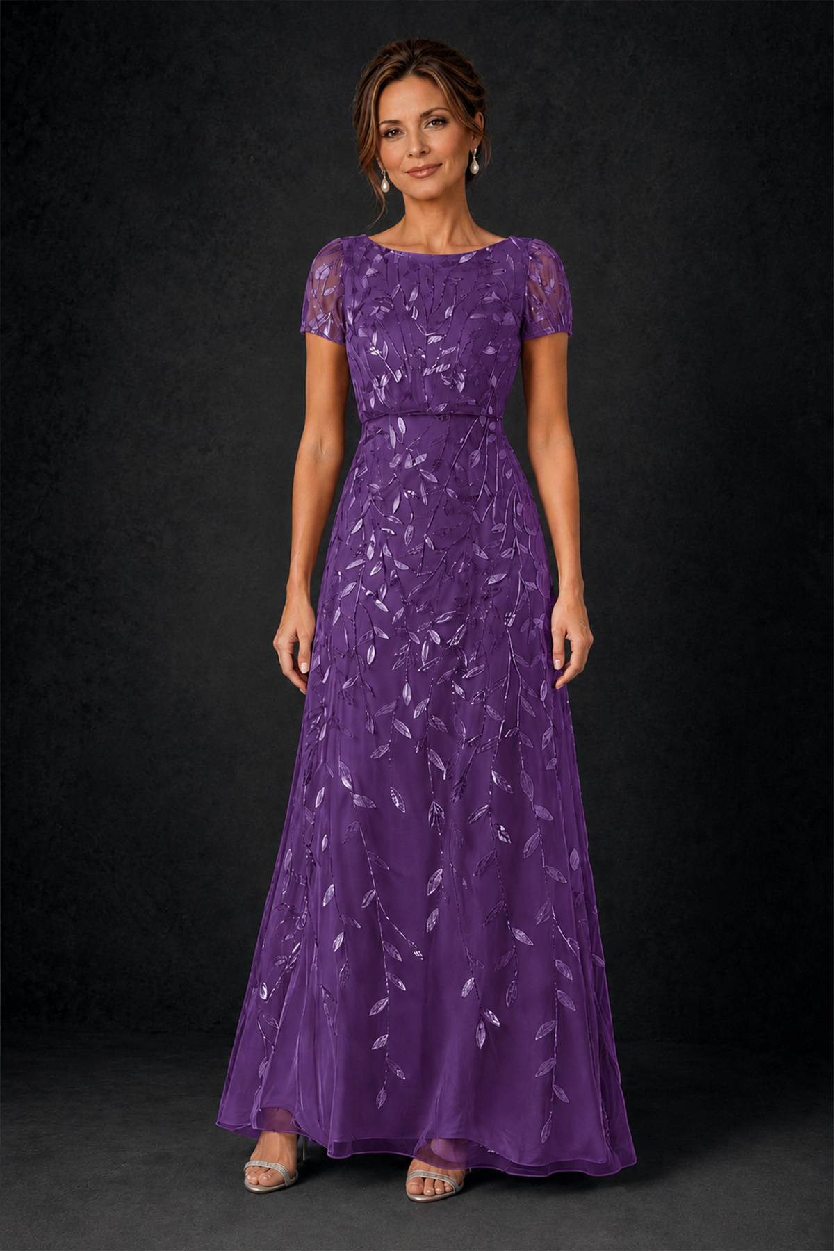 BOLODOO Purple Leaf Embroidered A-Line Formal Gown with Cap Sleeves - Purple - Purple_1