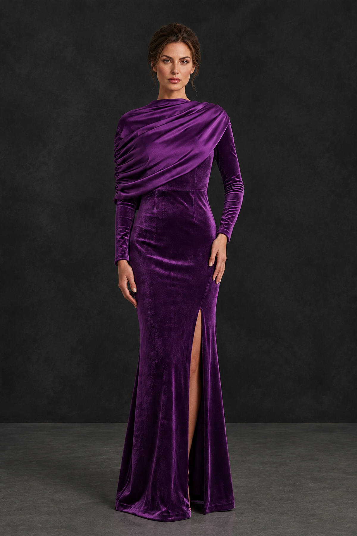 BOLODOO Purple Velvet Long Sleeve Draped Mother of the Bride Dress - Purple - Purple_1
