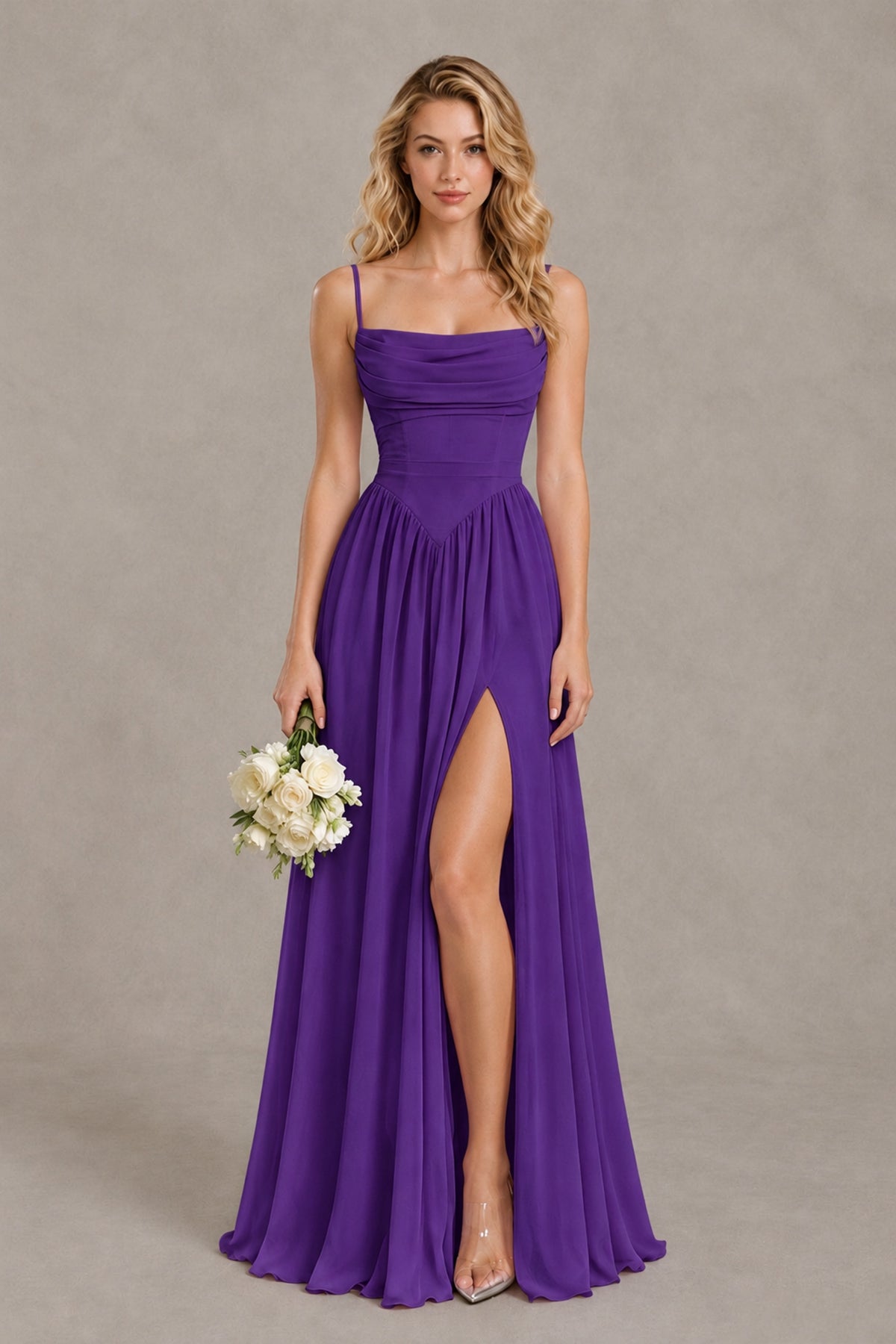BOLODOO Purple Spaghetti Strap A-Line Bridesmaid Dress with Slit - Purple - Purple_1