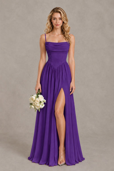 BOLODOO Purple Spaghetti Strap A-Line Bridesmaid Dress with Slit - Purple - Purple_1