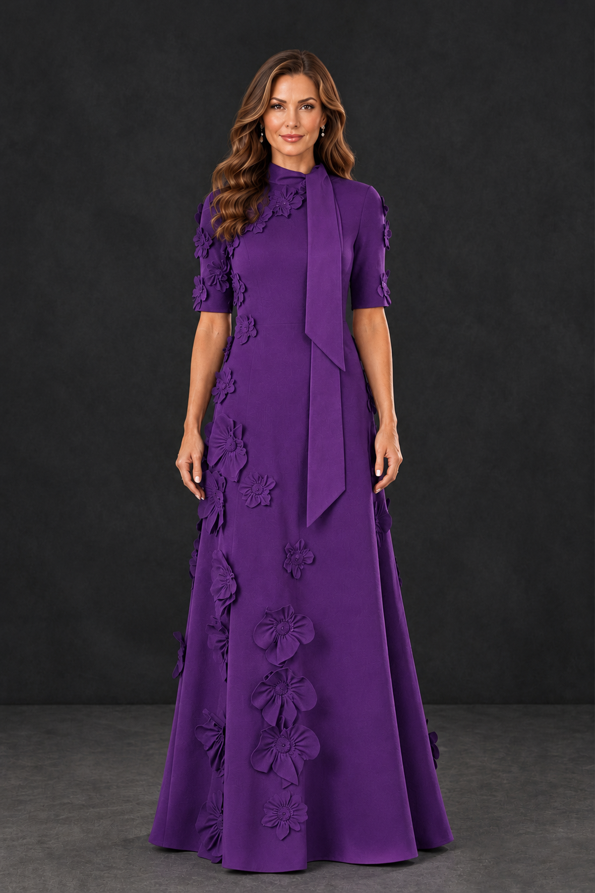 BOLODOO Purple Floral Applique High-Neck Half-Sleeve Gown - Purple - Purple_1