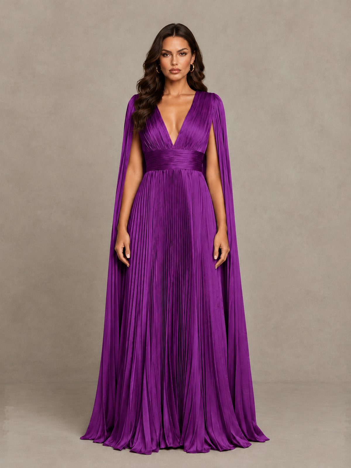 BOLODOO Purple Deep V-Neck Pleated Cape Sleeve Evening Gown - Purple - Purple_1