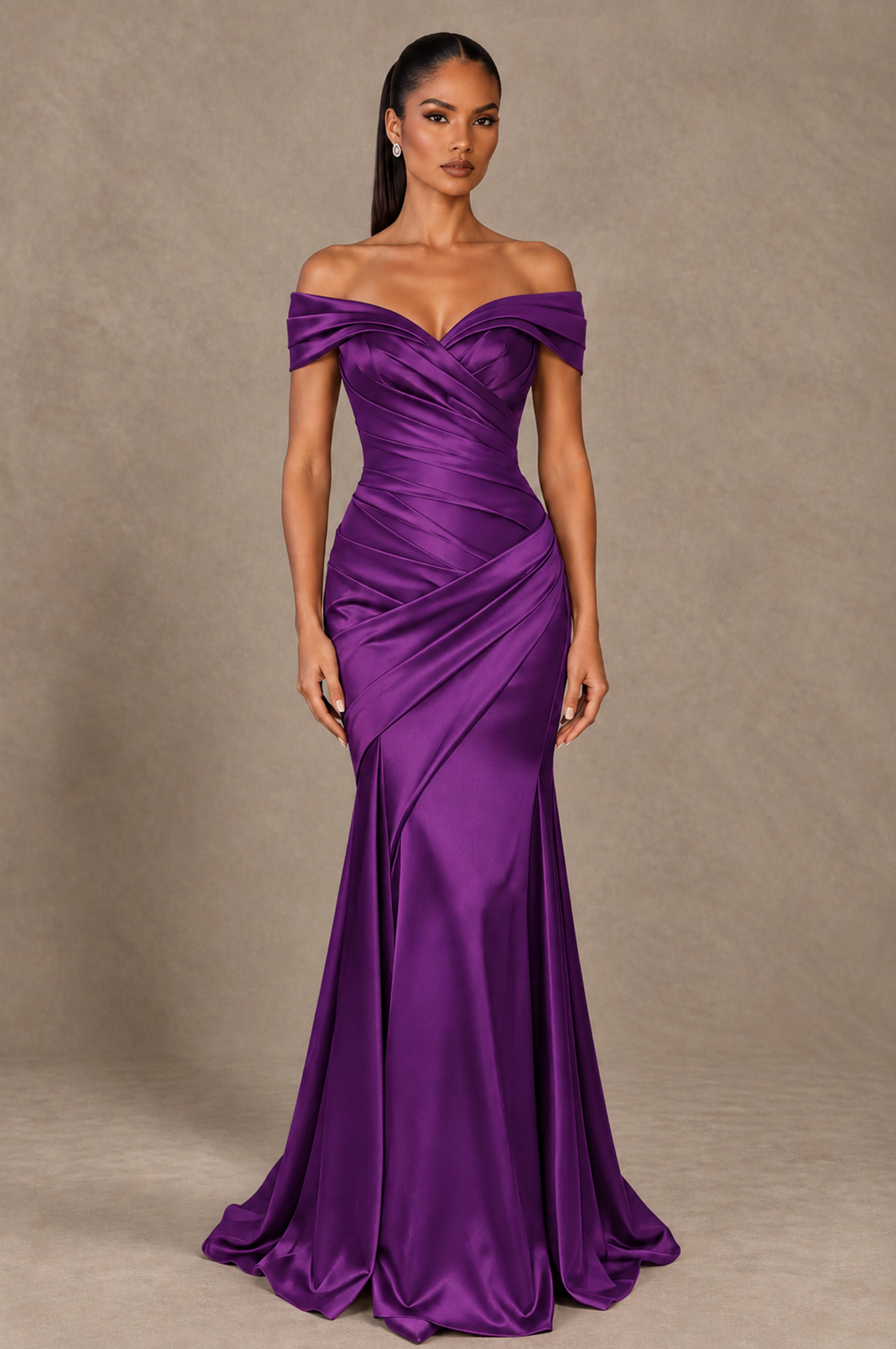 BOLODOO Purple Off-the-Shoulder Ruched Satin Mermaid Evening Dress - Purple - Purple_1