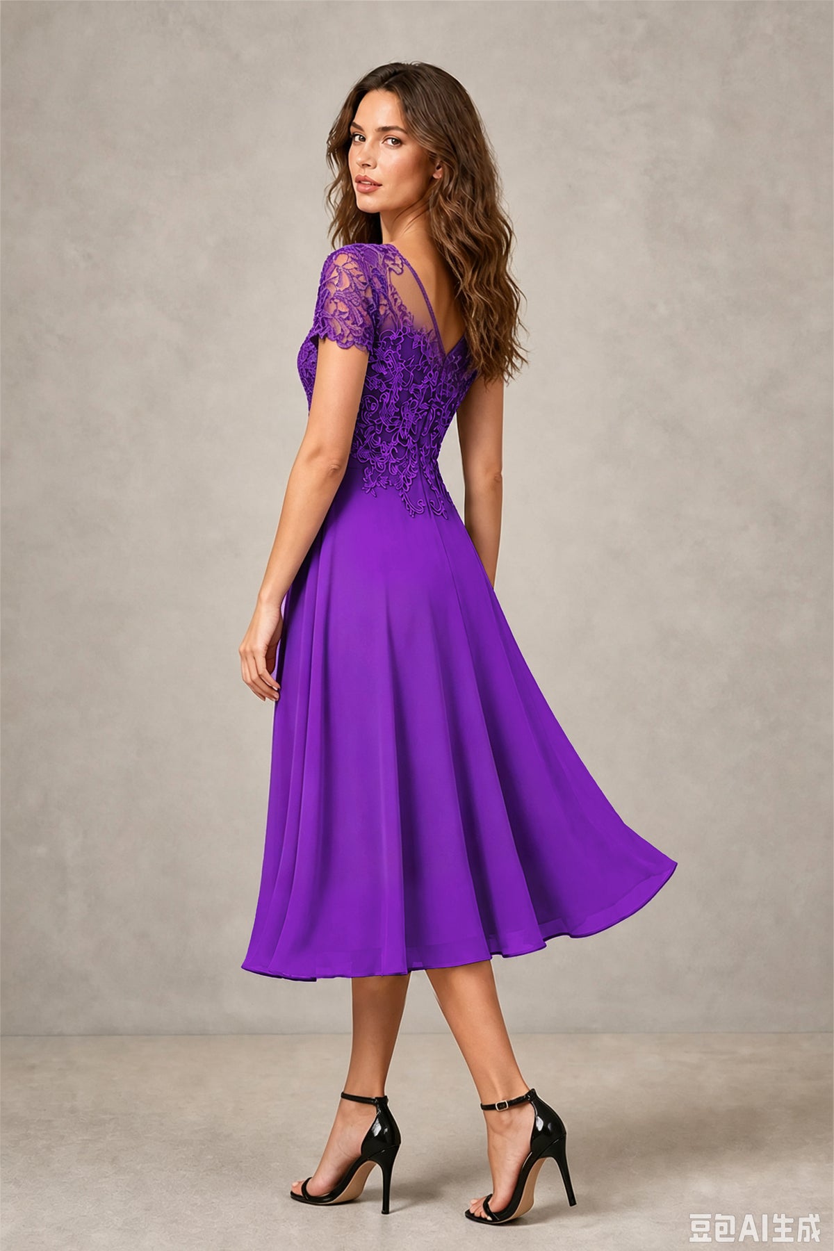BOLODOO Steel Purple Beaded Lace Illusion Bodice Chiffon Tea-Length Dress | Mother of the Bride & Cocktail Party - Purple