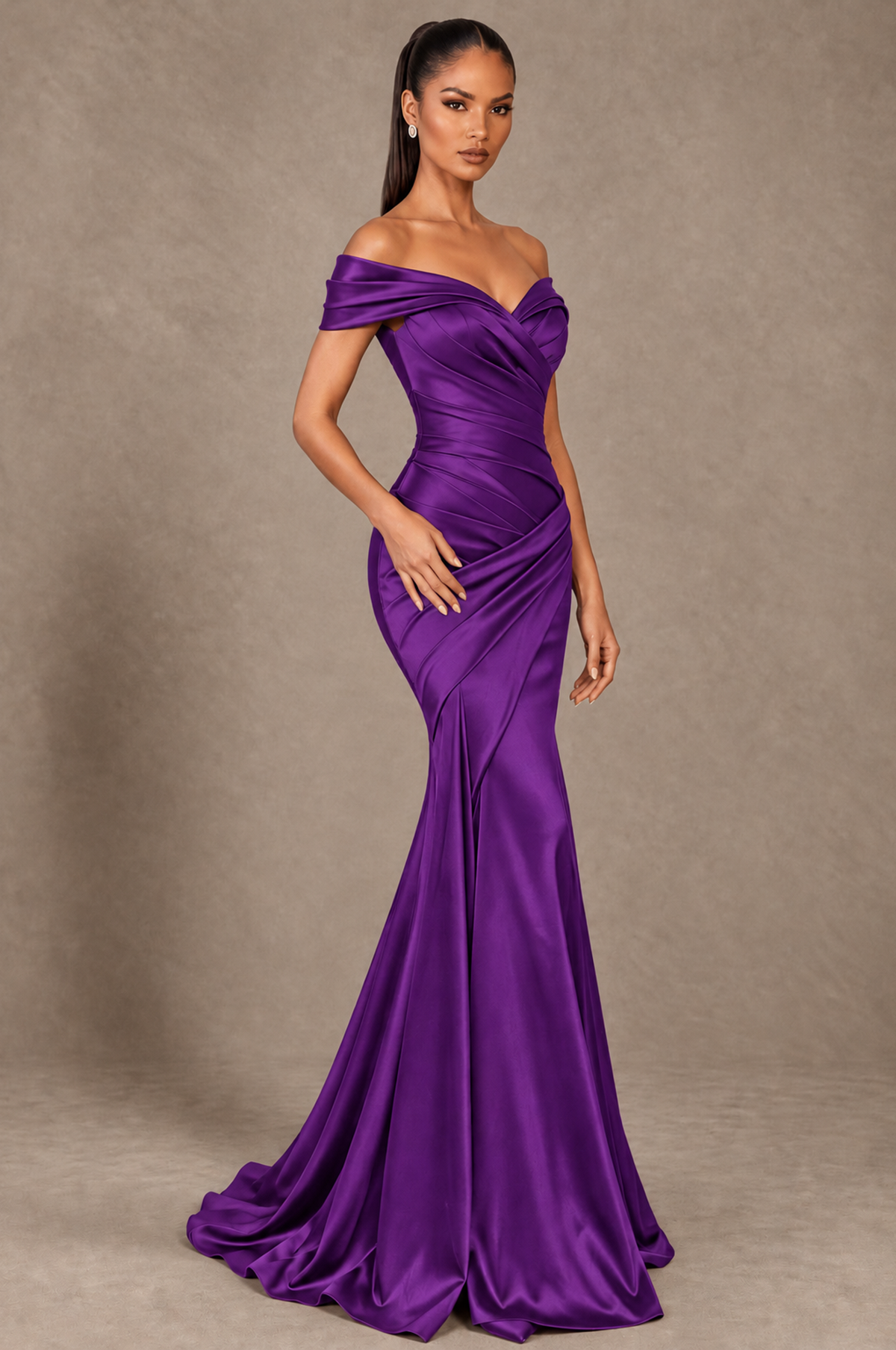 BOLODOO Purple Off-the-Shoulder Ruched Satin Mermaid Evening Dress - Purple - Purple_2