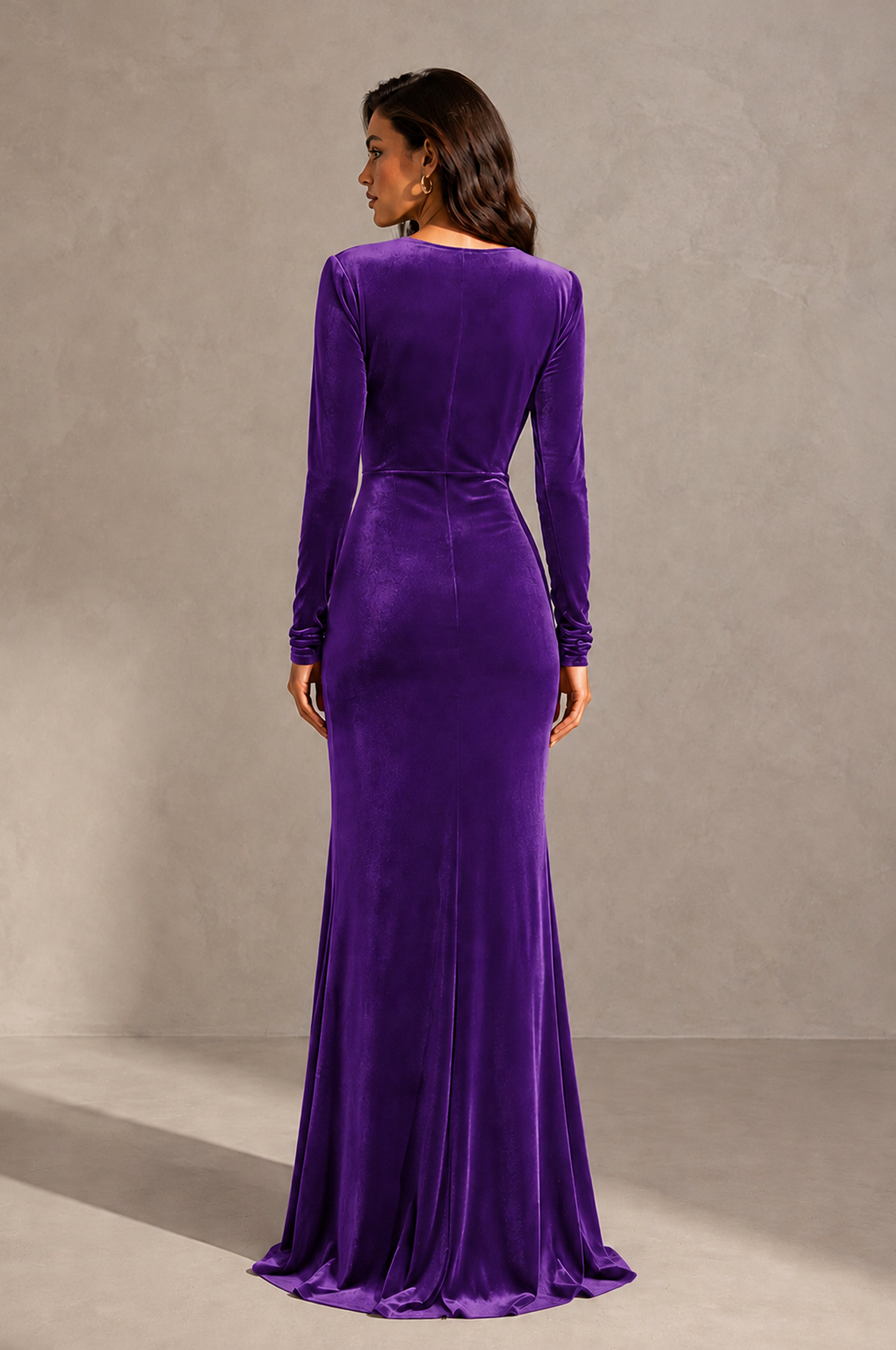 BOLODOO Purple Velvet Long Sleeve V-Neck Ruched Evening Gown - Purple
