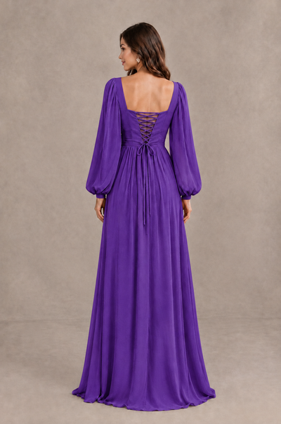 BOLODOO Purple Long Sleeve V-Neck A-Line Bridesmaid Dress - Purple - Purple_2