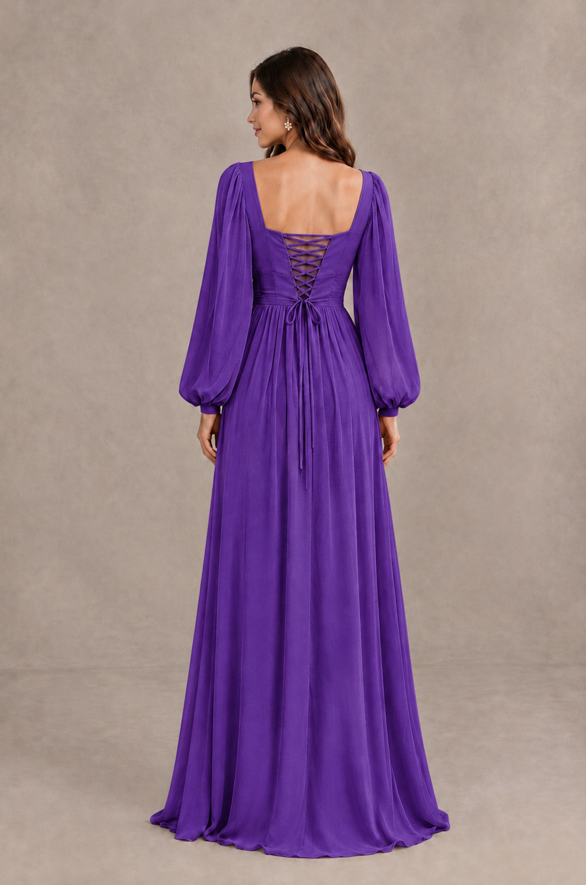 BOLODOO Purple Long Sleeve V-Neck A-Line Bridesmaid Dress - Purple - Purple_2