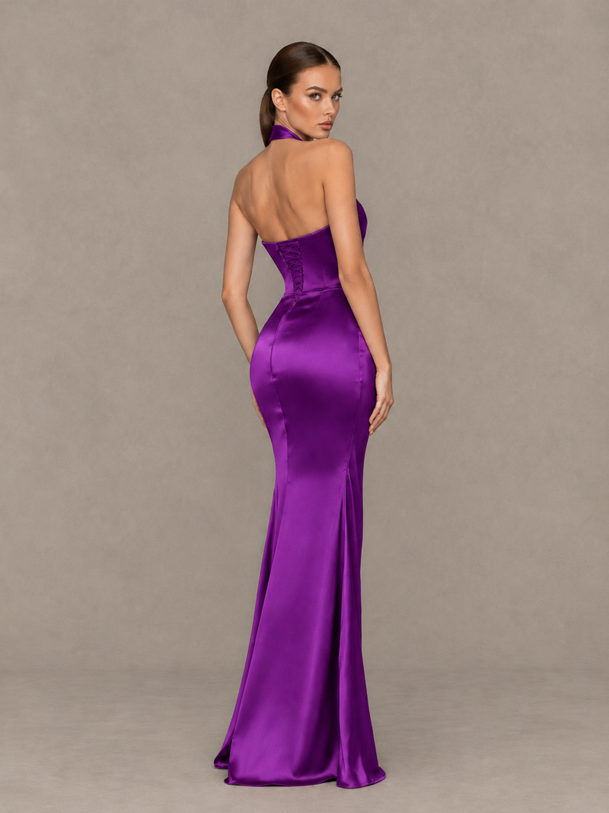 BOLODOO Purple Cross-Halter Ruched Satin-Look Evening Gown with High Slit - Purple - Purple_2