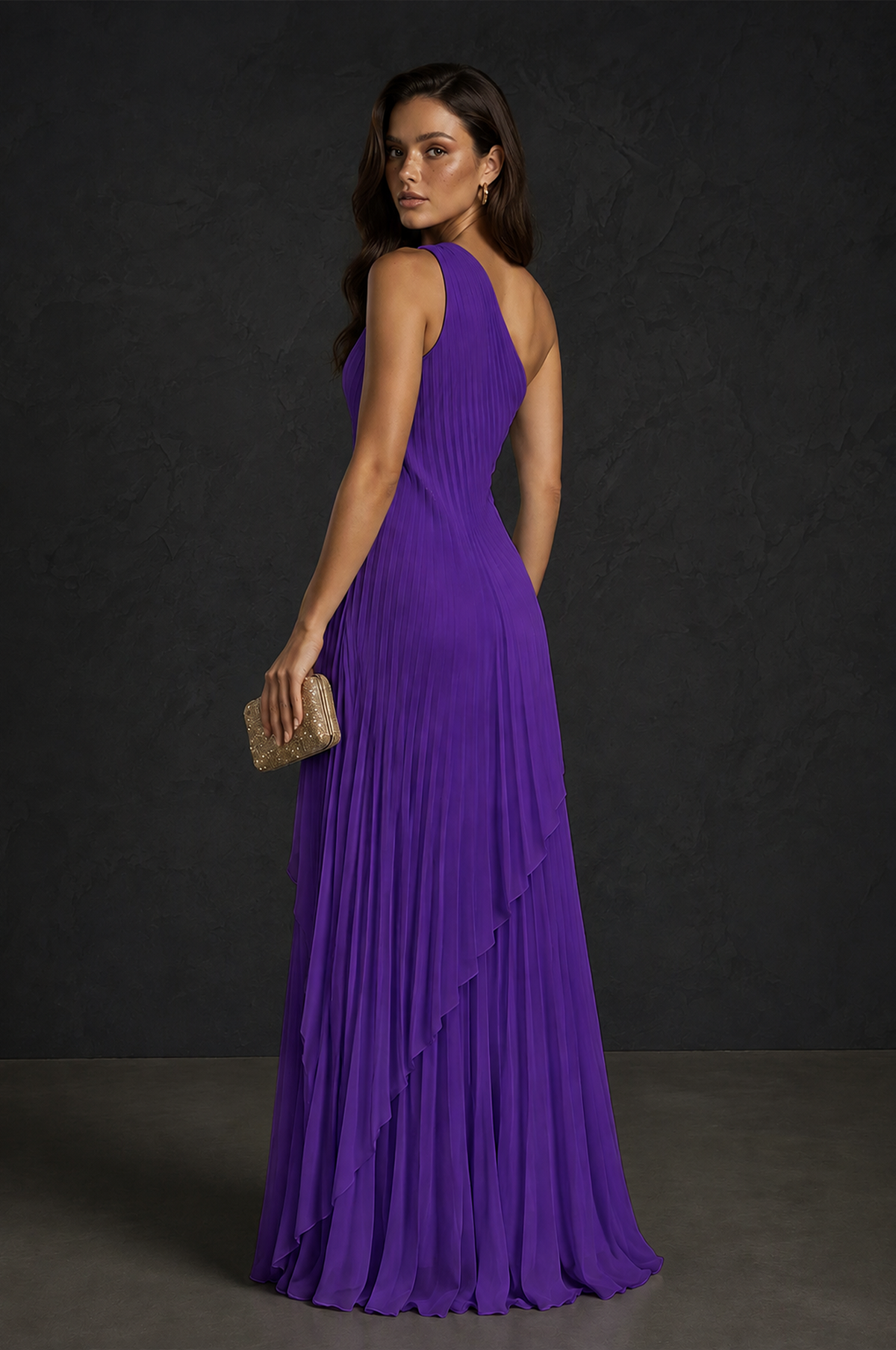 BOLODOO Purple One-Shoulder Sunburst Pleated Asymmetric Layered Overlay Accordion Pleated Chiffon Maxi Dress - Purple