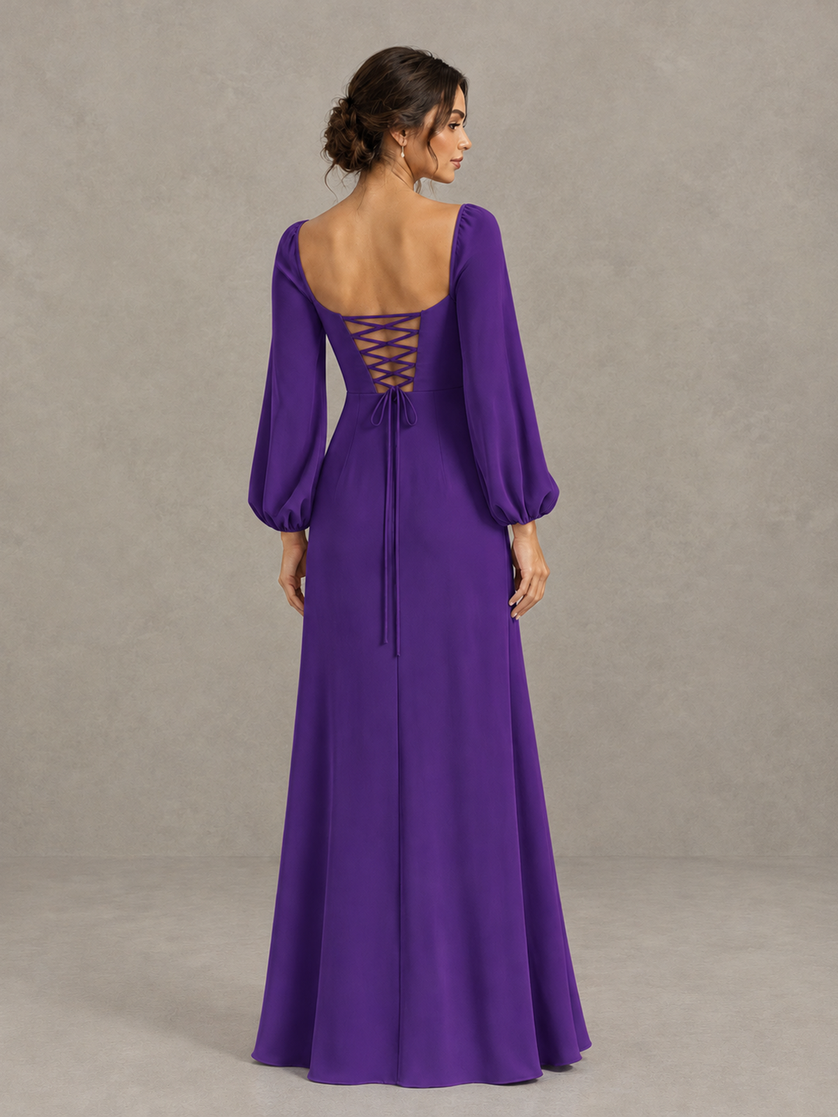 BOLODOO Purple Square Neck Long Sleeve Bridesmaid Dress with High Slit - Purple - Purple_2