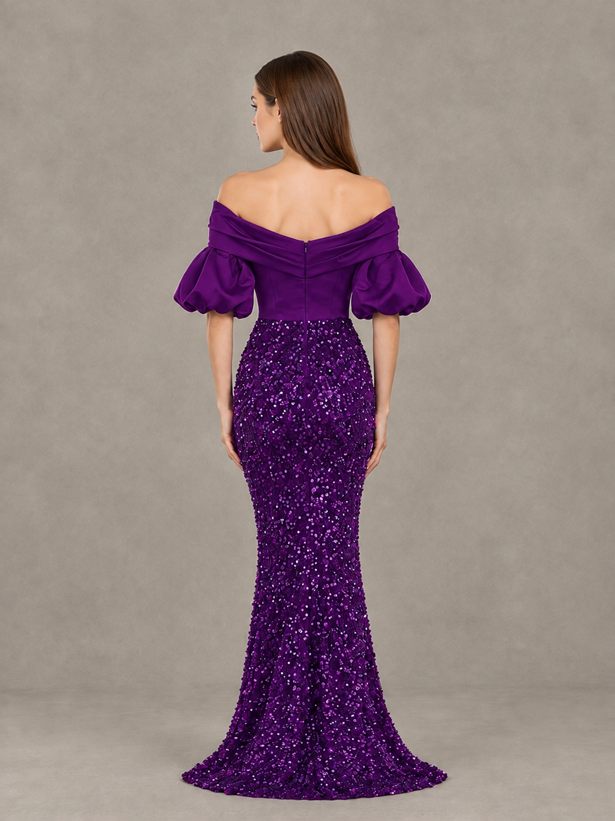 BOLODOO Purple Off-Shoulder Puff Sleeve Sequin Mermaid Evening Dress - Purple - Purple_2