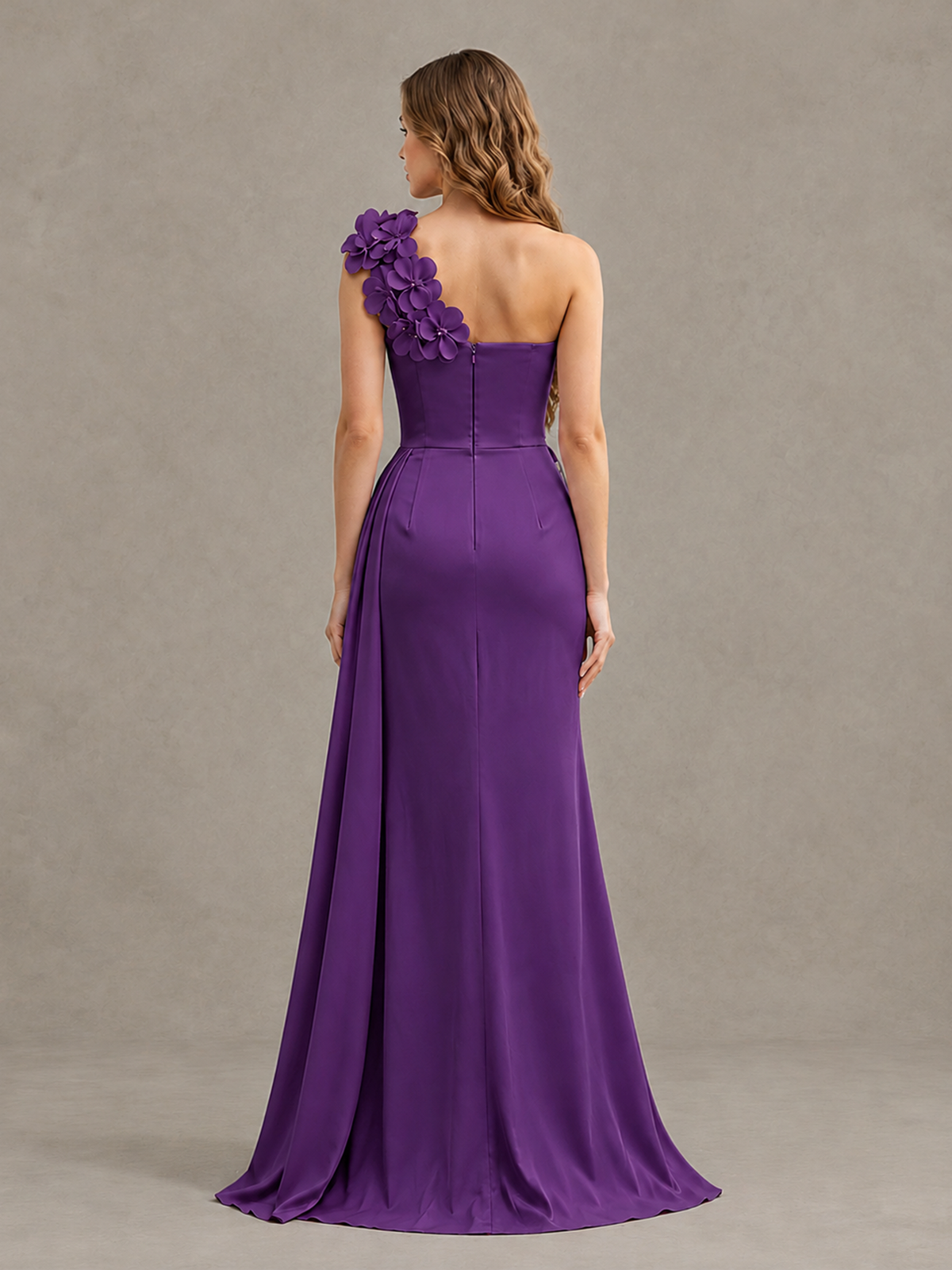 BOLODOO Purple One-Shoulder Satin Mermaid Evening Gown with 3D Floral Appliqué - Purple - Purple_2