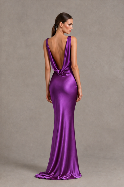 BOLODOO Purple Cowl Neck Backless Satin Mermaid Evening Dress - Purple - Purple_2
