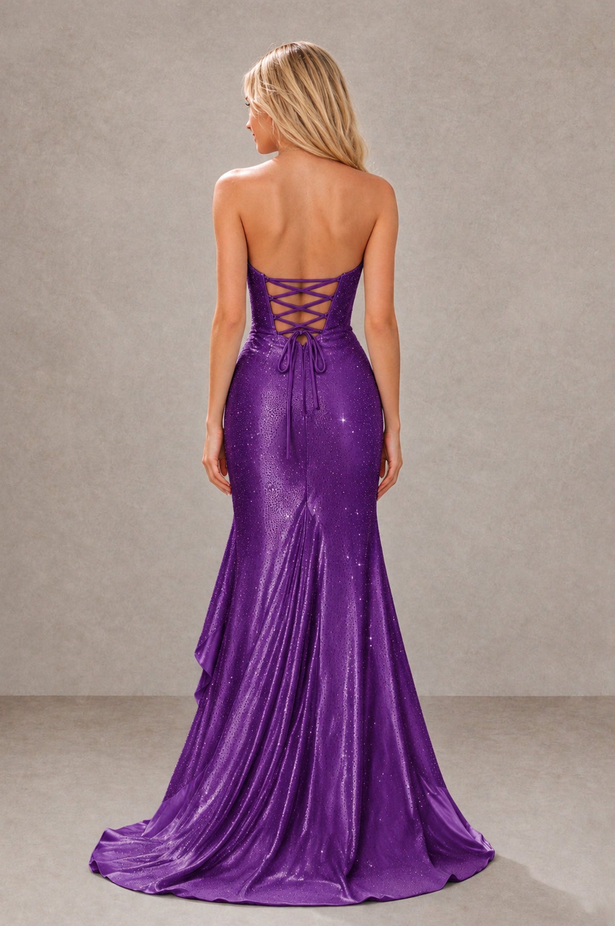 BOLODOO Purple Strapless Corset Mermaid Prom Dress with Ruffle Slit - Purple - Purple_2