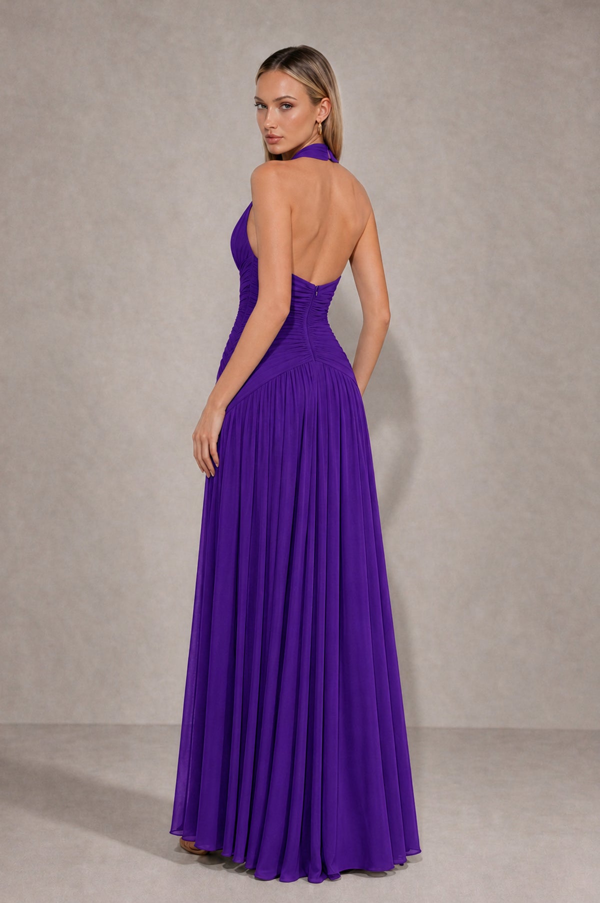 BOLODOO Purple Chiffon Halter Deep V-Neck Ruched A-Line Backless Maxi Dress with Train-BD0167 - Purple - Purple_2