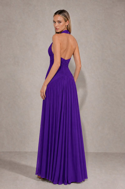 BOLODOO Purple Chiffon Halter Deep V-Neck Ruched A-Line Backless Maxi Dress with Train-BD0167 - Purple - Purple_2