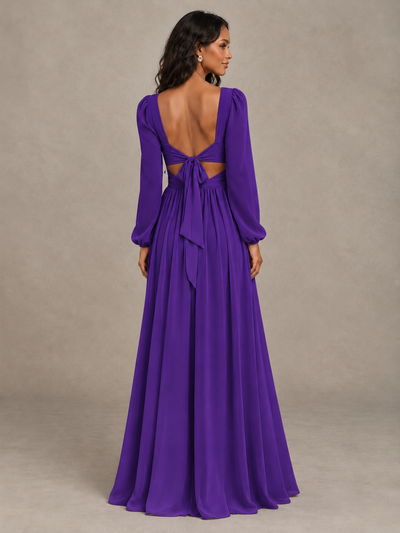 BOLODOO Purple V-Neck Long Sleeve Bridesmaid Dress with Tie Back and Slit - Purple - Purple_2