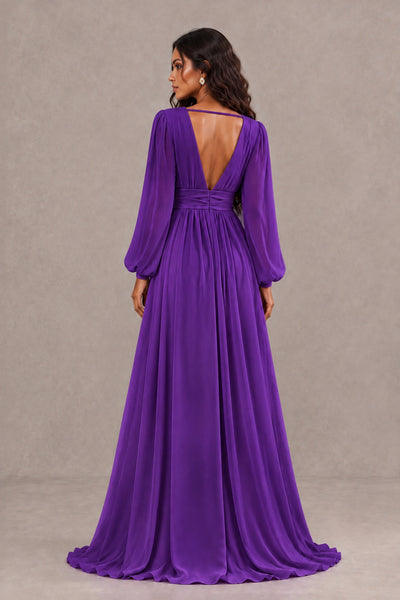 BOLODOO Purple Long Sleeve V-Neck A-Line Gown with Open Back & Slit - Purple - Purple_2