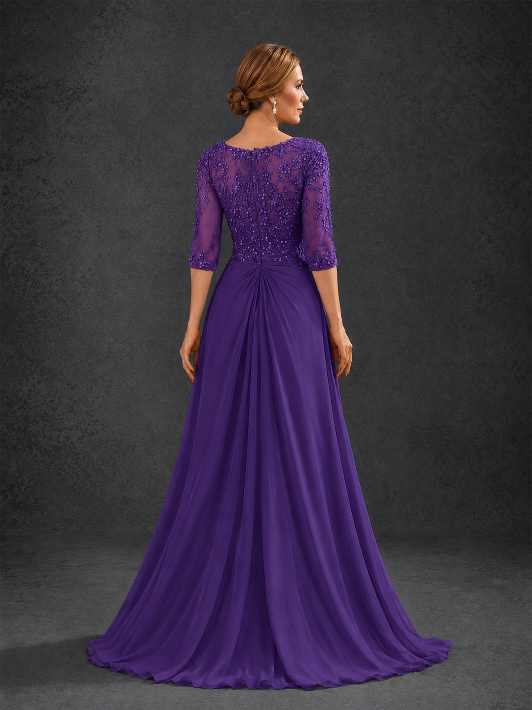 BOLODOO Purple Sweetheart Neck 3/4 Sleeve Floral Lace Illusion Bodice Chiffon A-Line Gown - Purple