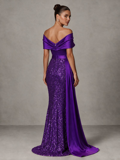 BOLODOO Purple Sequin Mermaid Evening Dress with Off-Shoulder Satin Drape and Sweep Train - Purple - Purple_2