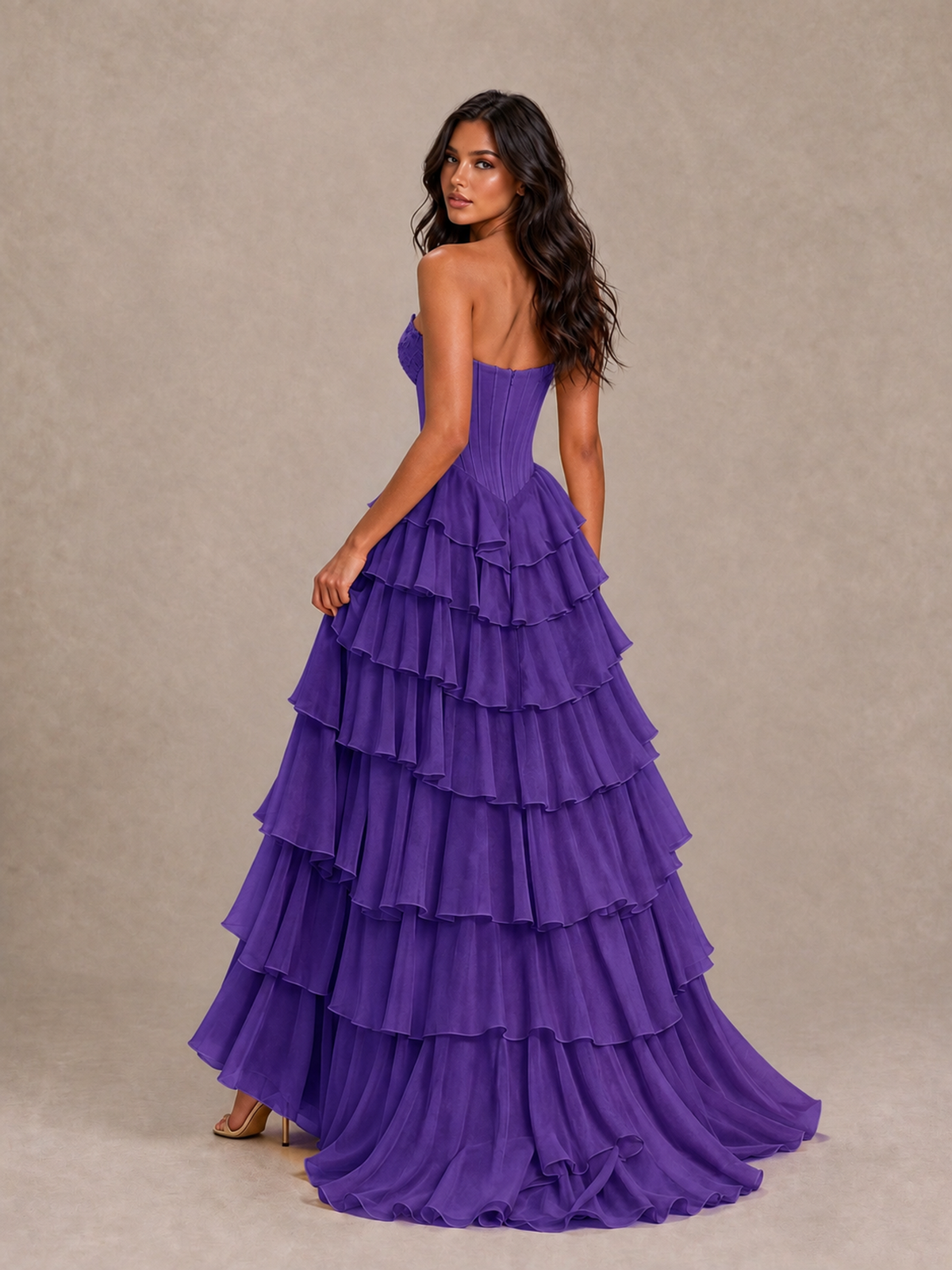 BOLODOO Purple Strapless Corset Tiered Ruffle Prom Dress with High Slit - Purple - Purple_2