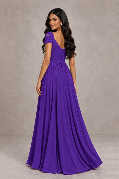 BOLODOO Purple Cold Shoulder Chiffon Evening Dress with V Neck and High Slit - Purple - Purple_2
