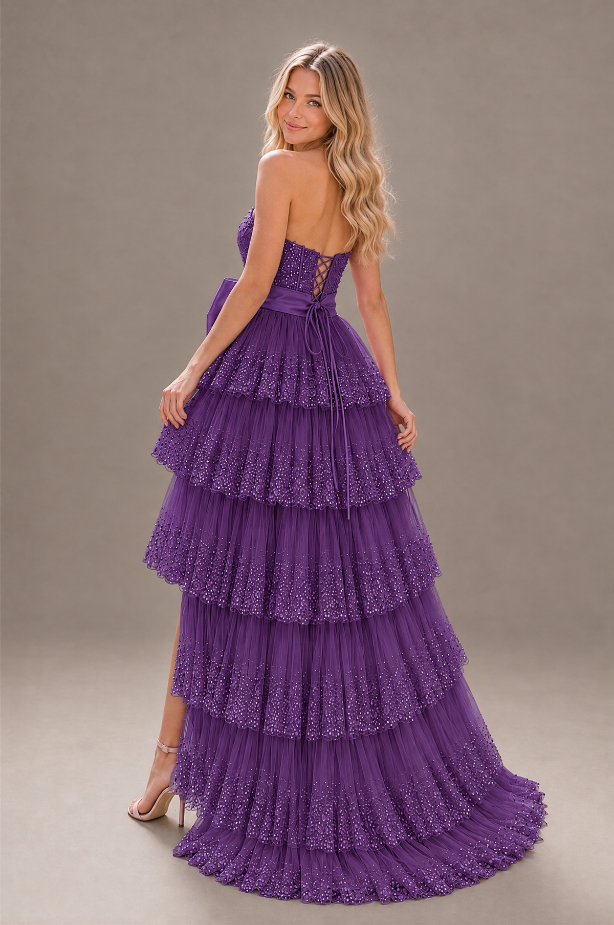 BOLODOO Purple Strapless Tiered Tulle Prom Dress with Bow - Purple - Purple_2