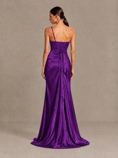 BOLODOO Purple One Shoulder Satin Evening Gown with High Slit and Sweep Train - Purple - Purple_2