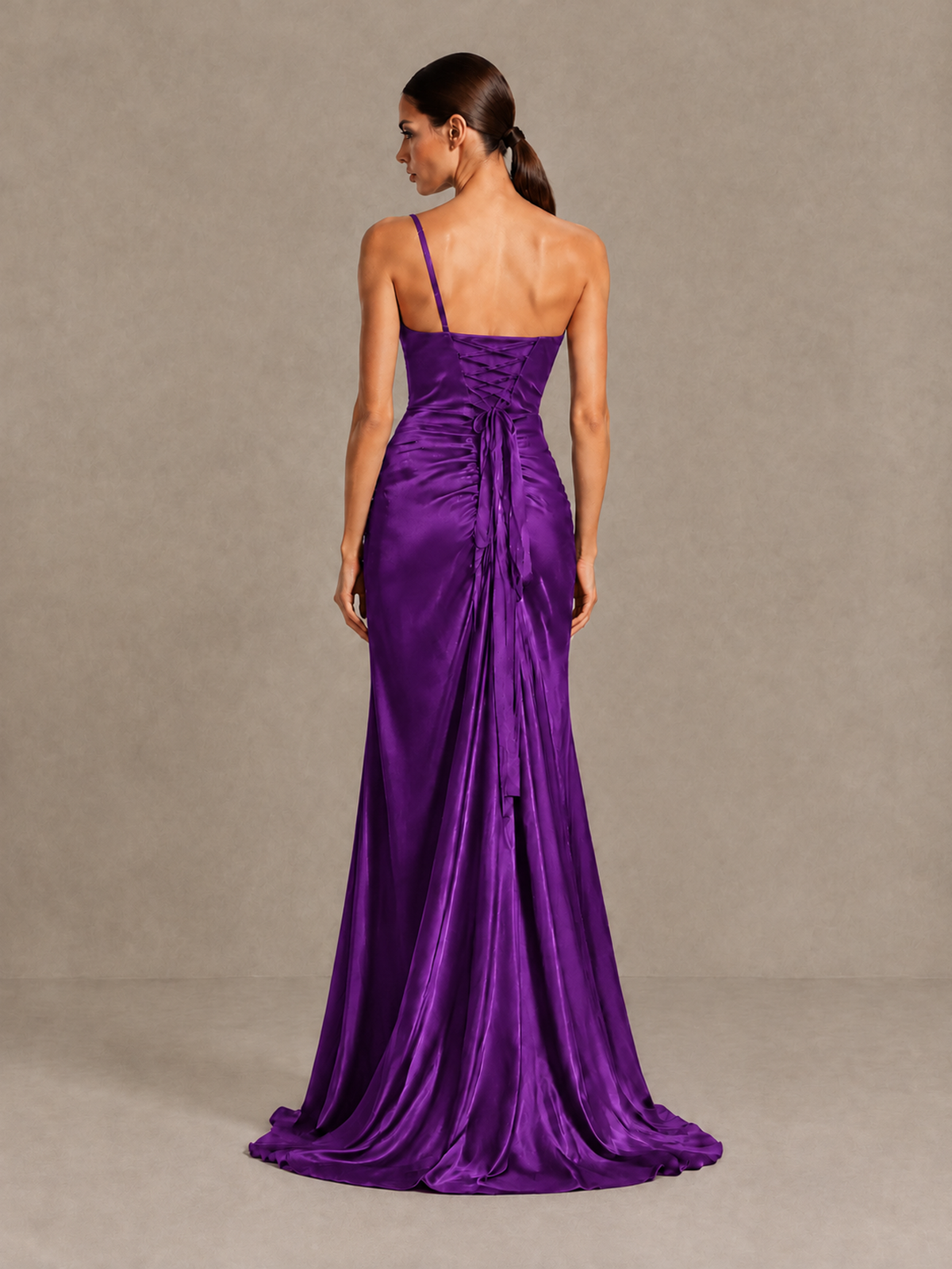 BOLODOO Purple One Shoulder Satin Evening Gown with High Slit and Sweep Train - Purple - Purple_2