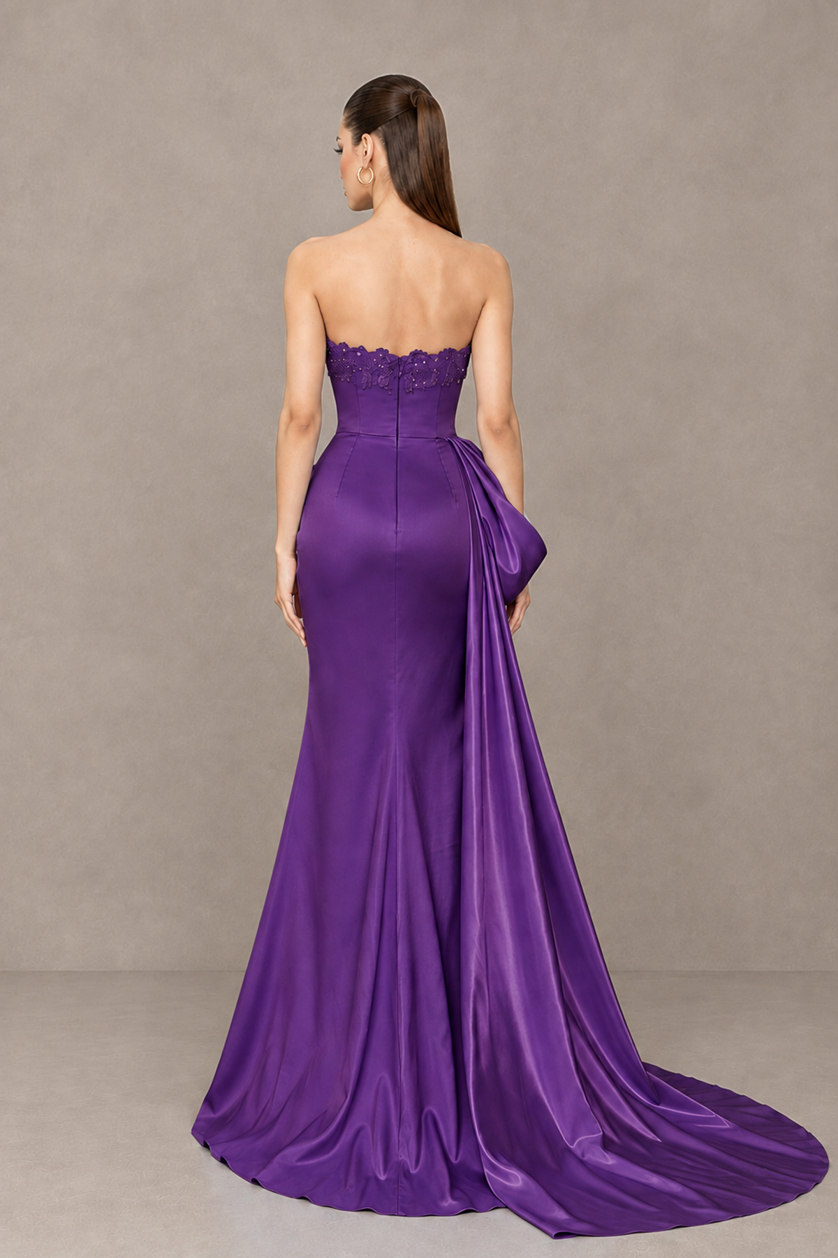 BOLODOO Purple Strapless Satin Prom Dress with Draped Side Train - Purple - Purple_2