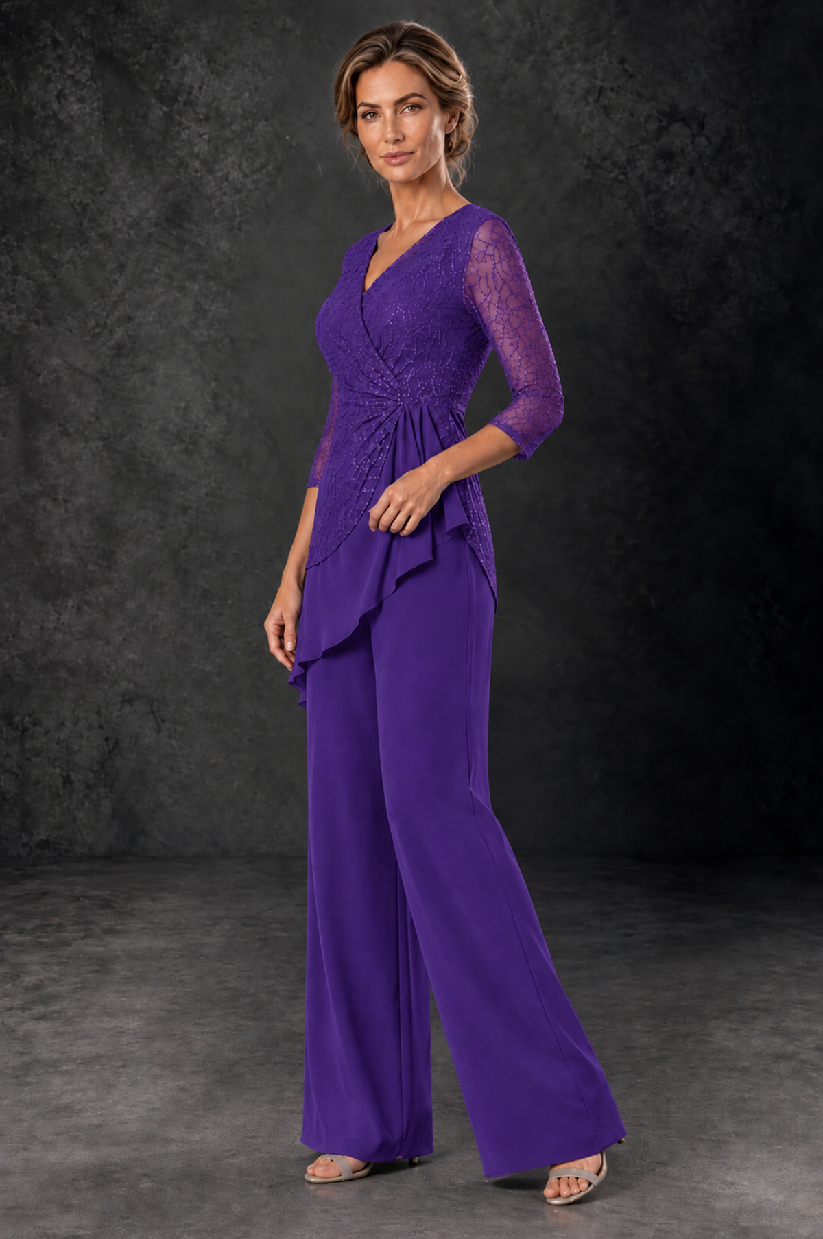 BOLODOO Purple Sequin Lace 3/4 Sleeve Chiffon Mother of the Bride Pant Suit - Purple - Purple_2