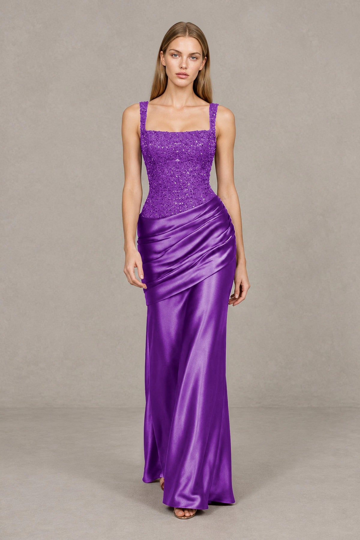 BOLODOO Purple Square Neck Embellished Satin Evening Gown - Purple