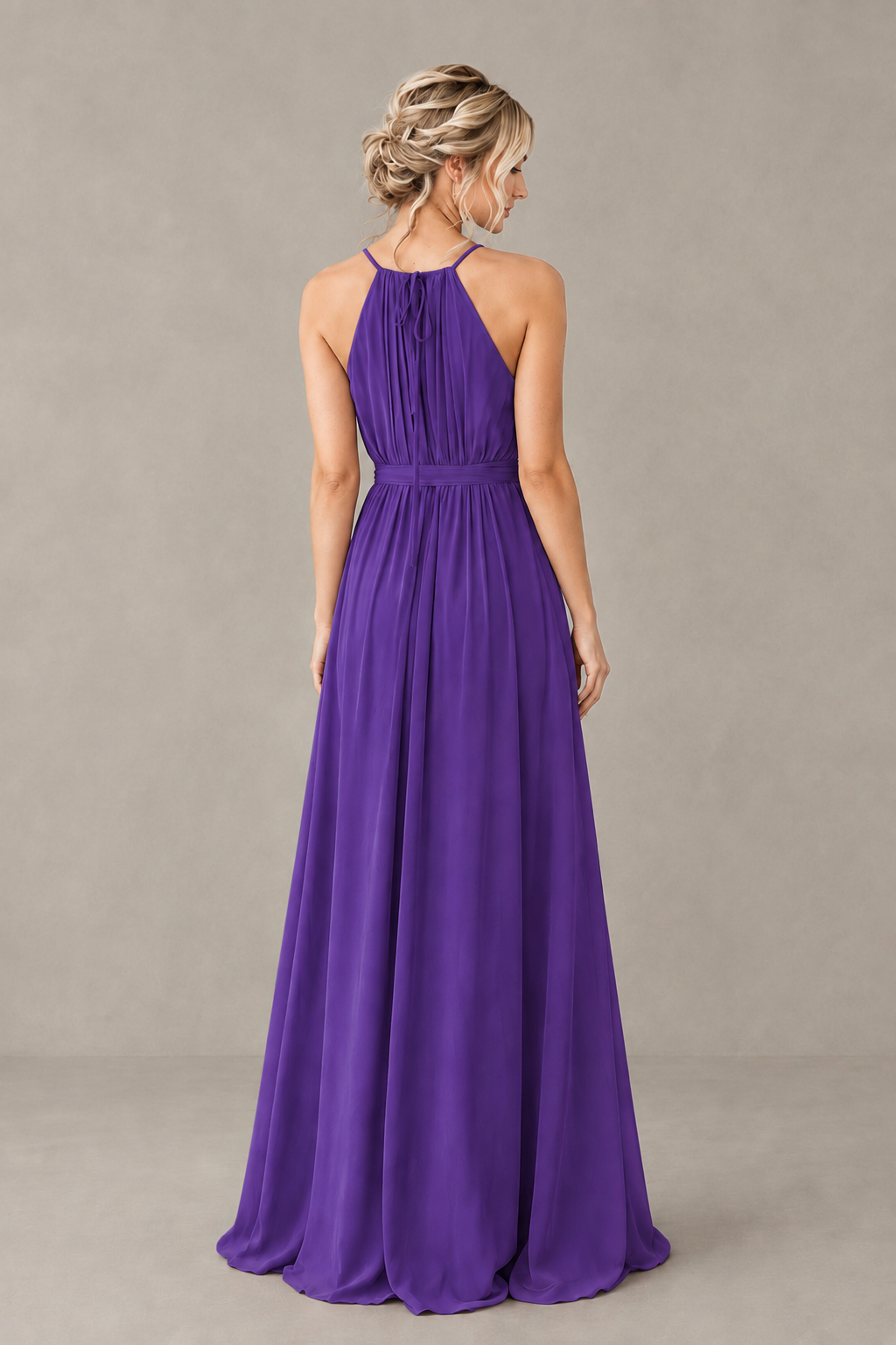 BOLODOO Purple Halter Chiffon Bridesmaid Dress with High Slit - Purple