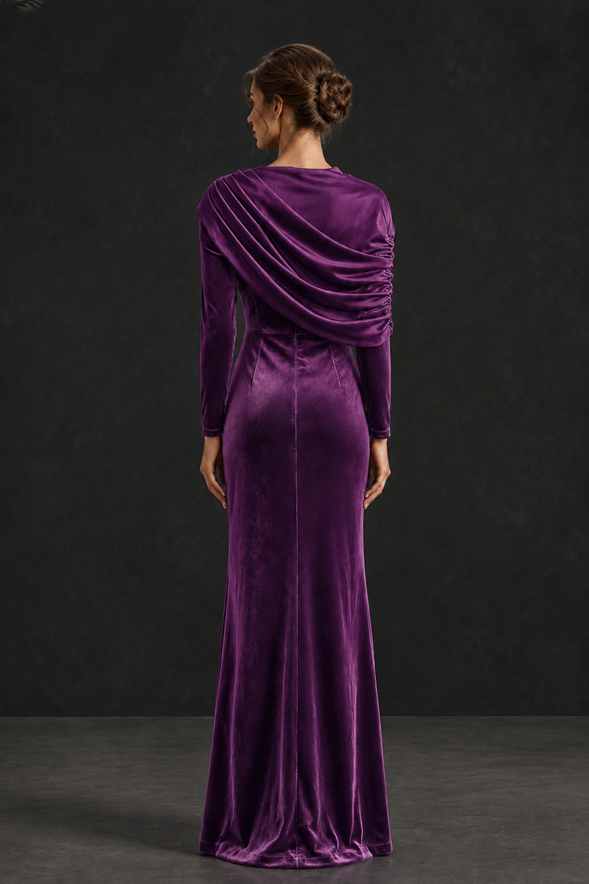 BOLODOO Purple Velvet Long Sleeve Draped Mother of the Bride Dress - Purple - Purple_2