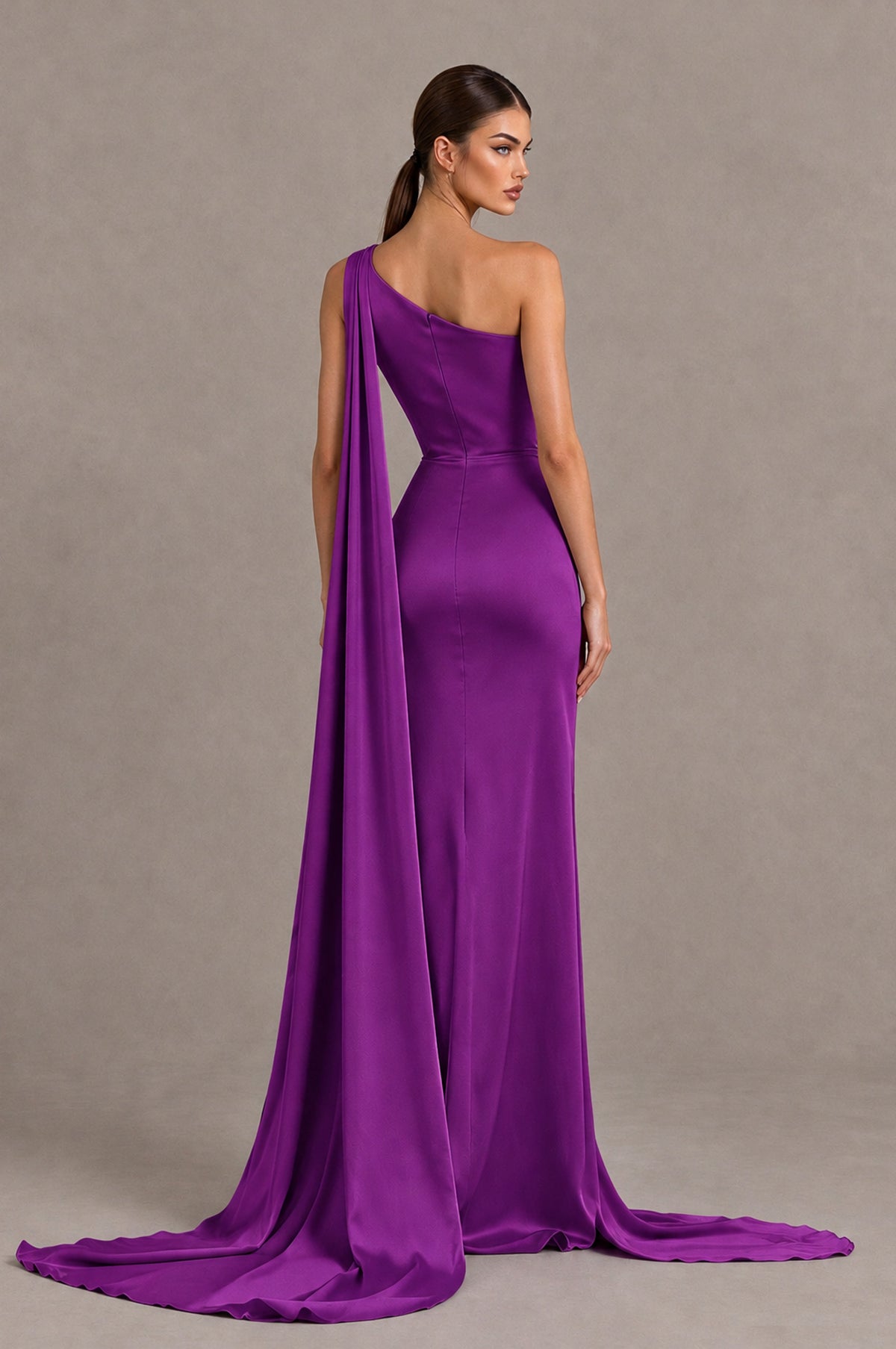 BOLODOO Purple One Shoulder Satin Evening Dress with High Slit and Draped Cape Train - Purple - Purple_2