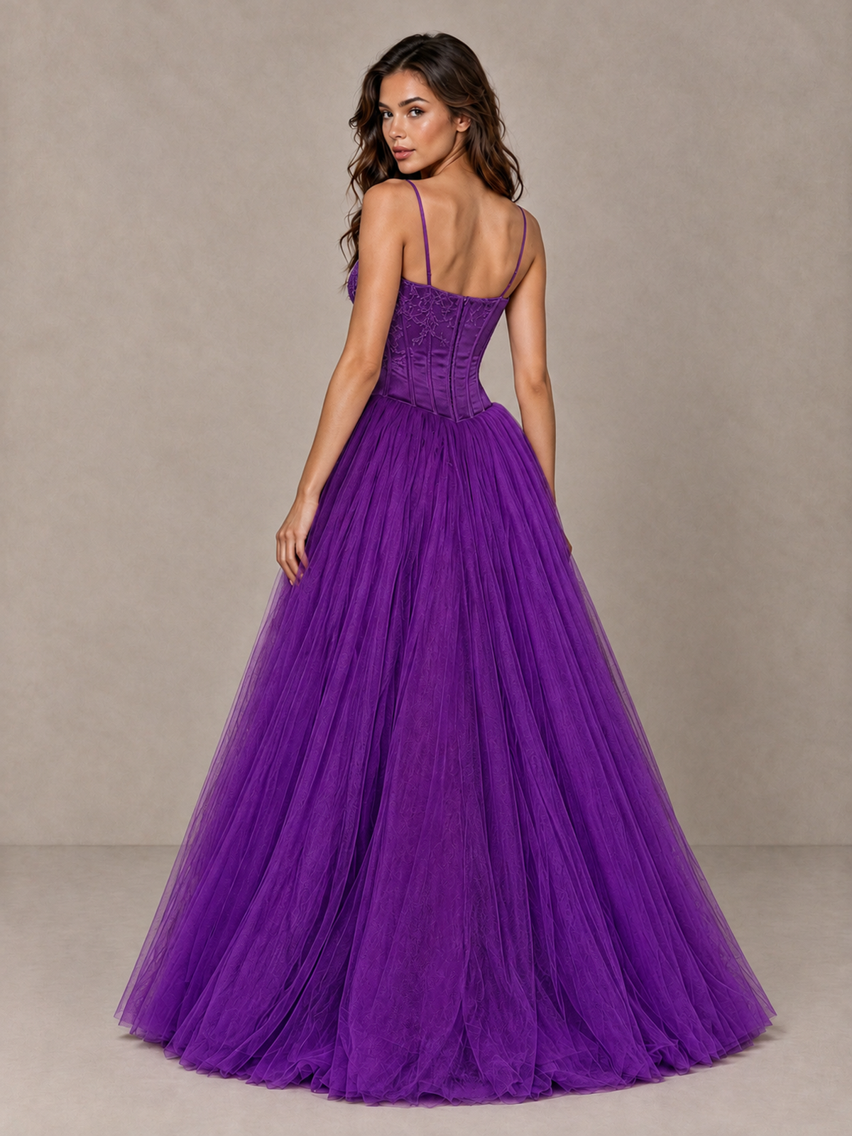 BOLODOO Purple Corset Tulle Prom Dress with Spaghetti Straps - Purple - Purple_2