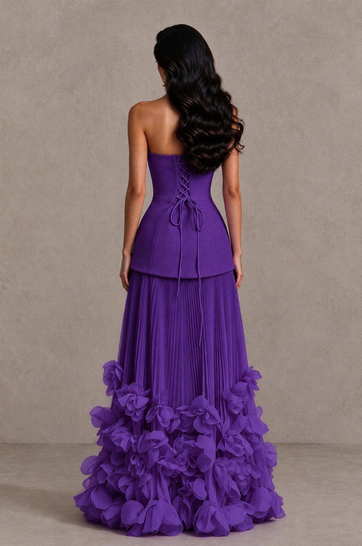 BOLODOO Purple Strapless Pleated Floral Hem Evening Gown - Purple - Purple_2