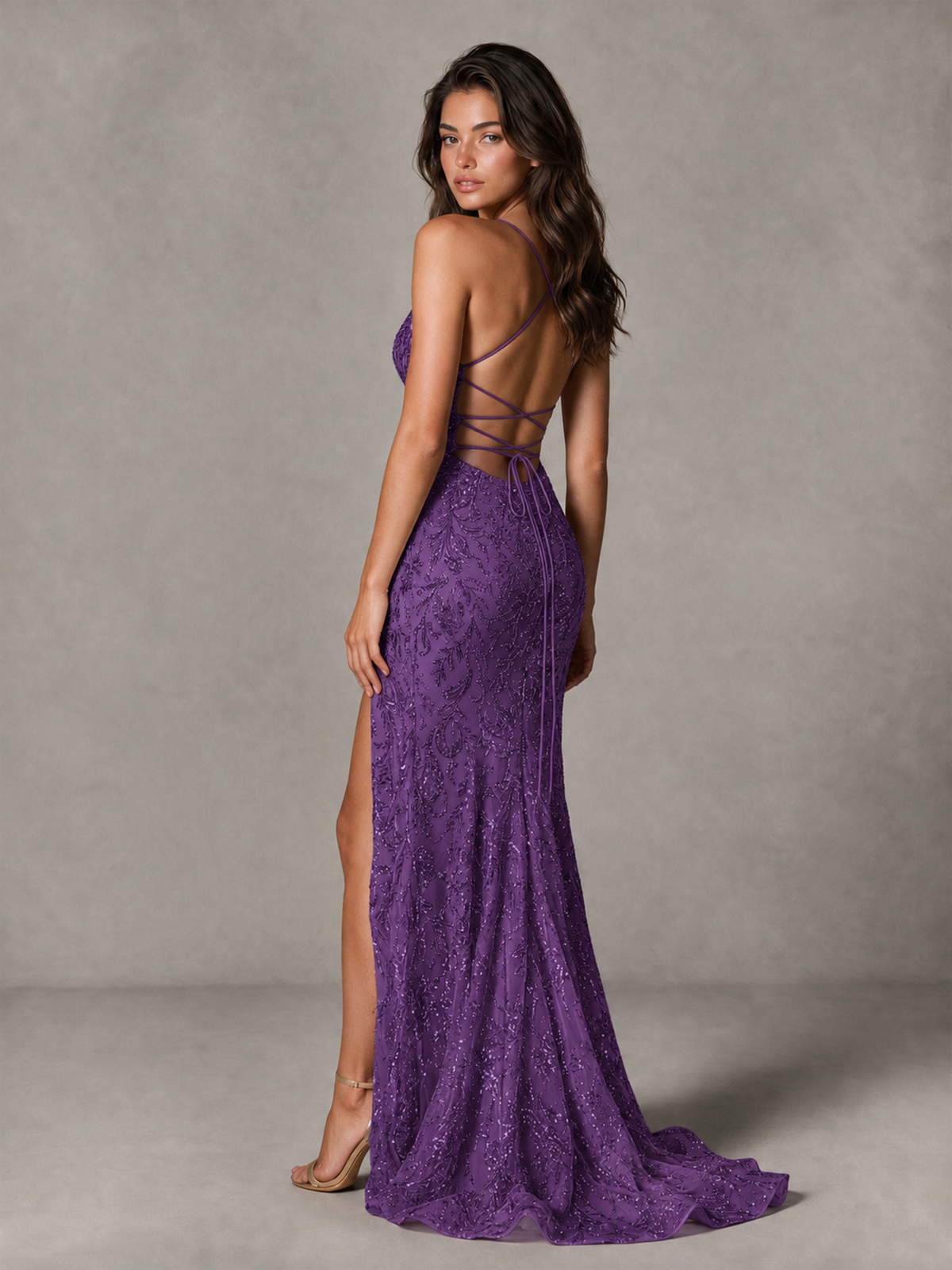 BOLODOO Purple Sequin Prom Dress with Lace-Up Back and High Slit - Purple - Purple_2