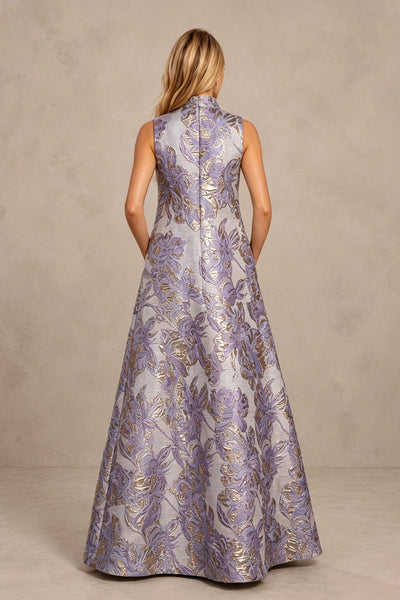 BOLODOO Purple Jacquard High Neck Sleeveless A-Line Maxi Dress – Wedding Guest & Formal Evening Gown - Purple