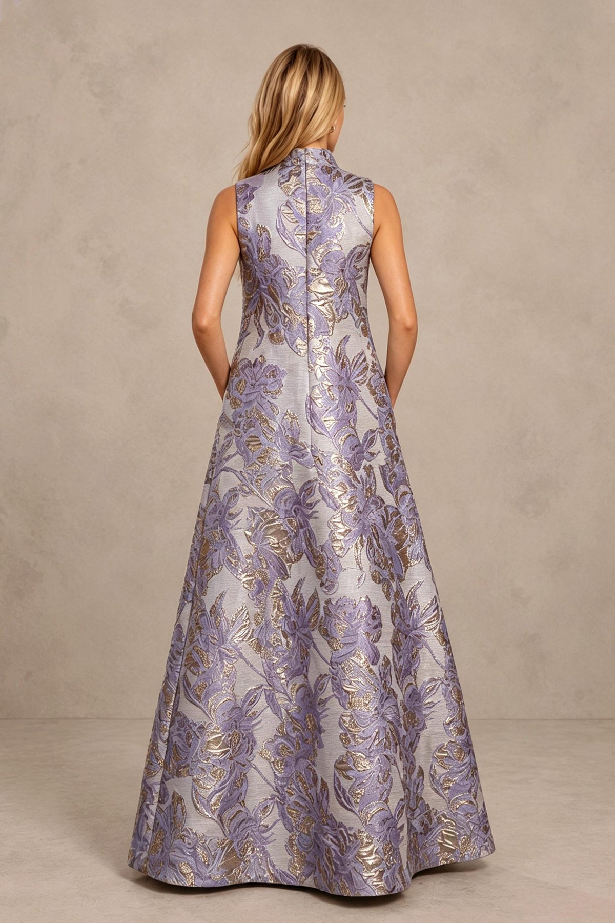 BOLODOO Purple Jacquard High Neck Sleeveless A-Line Maxi Dress – Wedding Guest & Formal Evening Gown - Purple